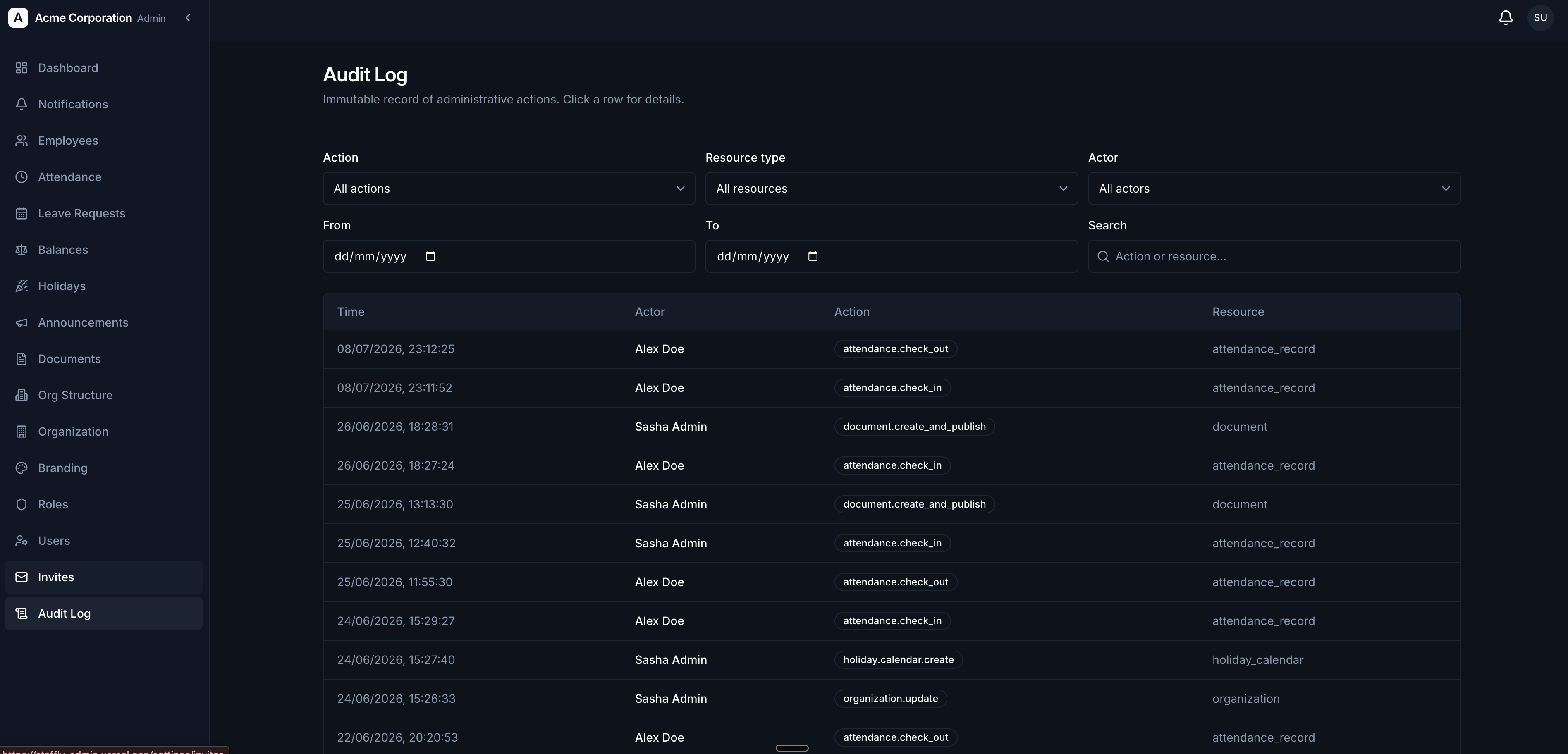 Staffly admin dashboard audit log screen